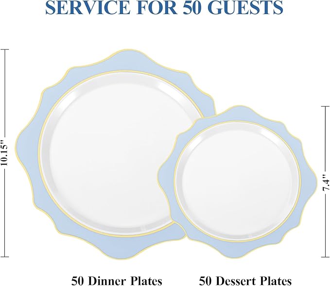 realluck 100Pcs White & Blue Plastic Plates for 50 Guests