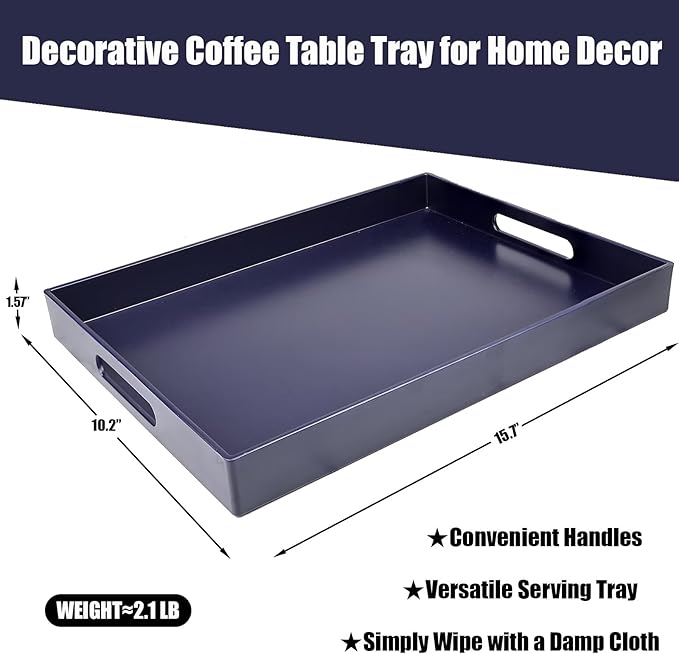 SforGUVA Navy Blue Serving Tray for Coffee Table, Rectangular Plastic Decorative Tray with Handles for Entertaining, Outdoor Patio, Living Room, Ottoman, Bathroom Counter, 11.8”*15.7”*1.6”