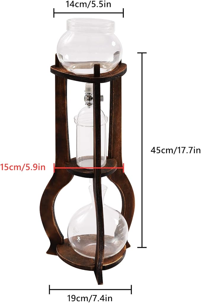 Netcoin Cold Brew Coffee Maker, 600 ml/20.29 oz Iced Coffee Tower Dripper Coffee Maker & Tea Maker 6-8 Cups, High Borosilicate Glass, Wood, 304 Stainless Steel, Copper - for Home Office (Brown)