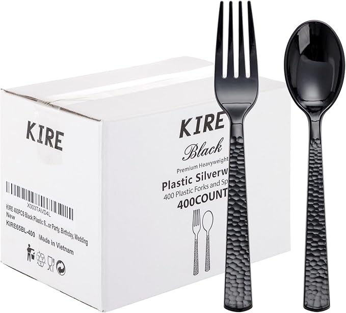 KIRE 400PCS Black Spoons and Forks Set - Black Plastic Silverware for Party