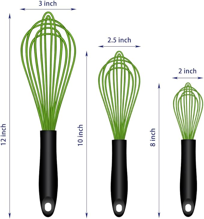 OYV Green Silicone Whisk Set of 3, 8/10/12 Inch, Dishwasher Safe