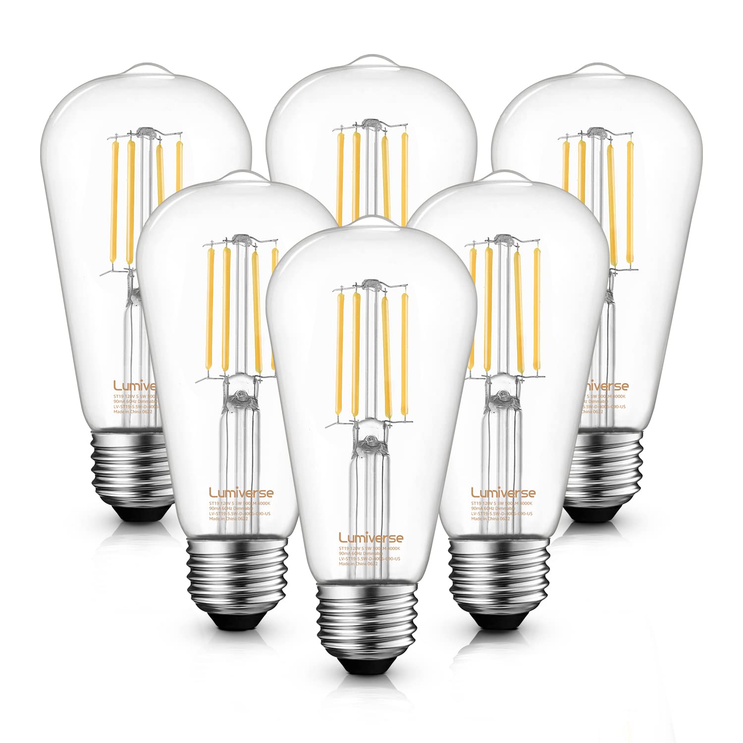 ST19 Dimmable LED Edison Bulb, 5.5W (60W Equivalent) 500LM CRI 95+, 4000K Cool White, E26 Medium Base Vintage Filament, Clear Glass, Standard Type A Lamp for Kitchen, Bathroom, Bedroom, 6 Pack