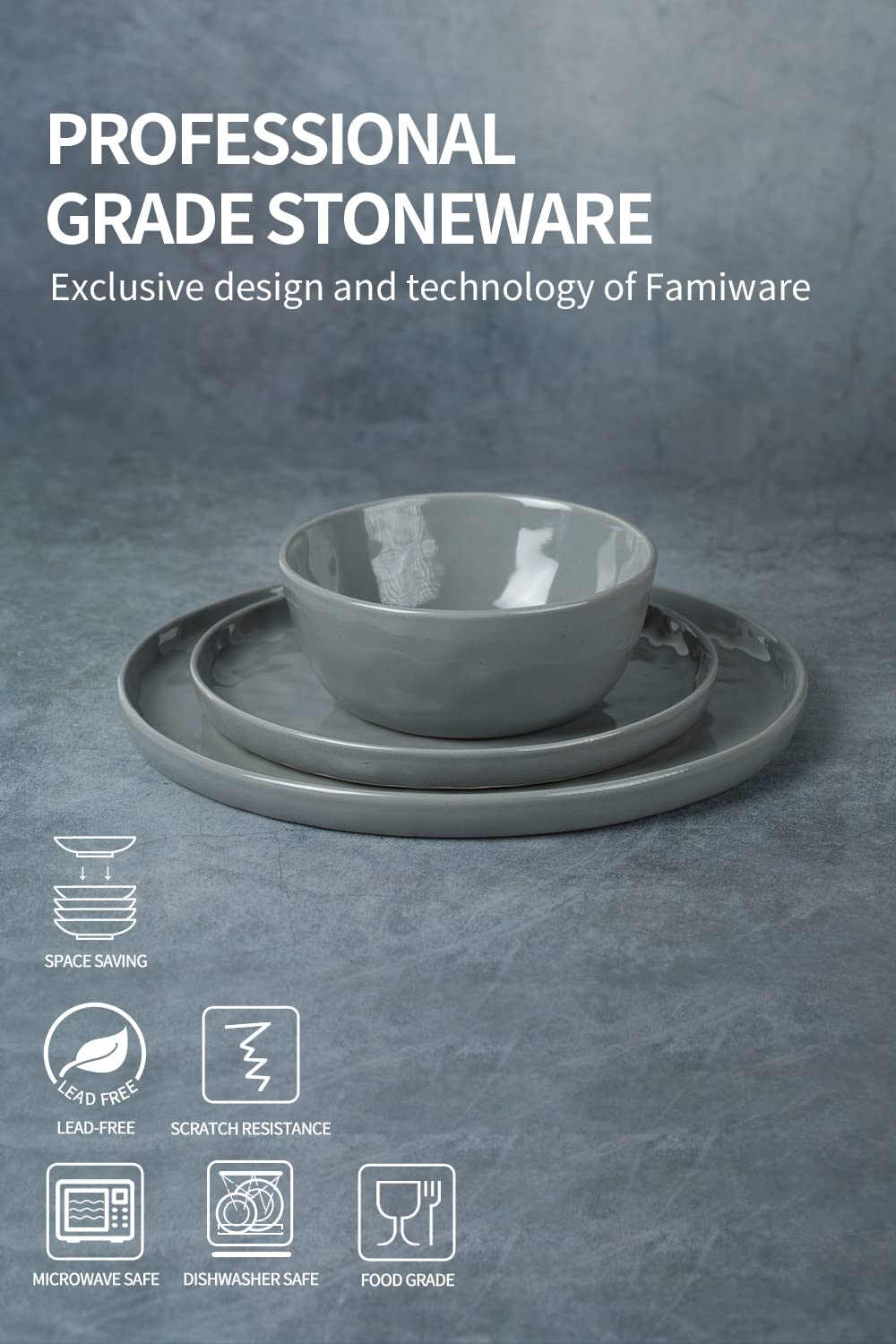 Famiware Mars Stoneware Dinnerware Set for 4, Dark Gray