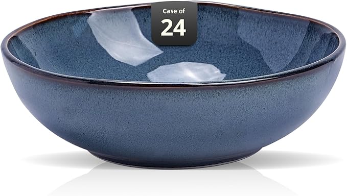 Organic Shape Highland Ceramic Soup/pasta Bowl, 24pcs 30oz Handmade Reactive Glaze Stoneware 8inch Bowls with Wavy Edge, for Kitchen, Microwave & Dishwasher Safe, Scratch Resistant-Blue