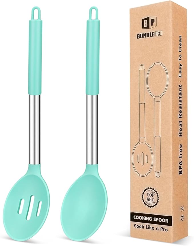 BUNDLEPRO Silicone Cooking Spoons for Non Stick Cookware, 2 Pack, Green