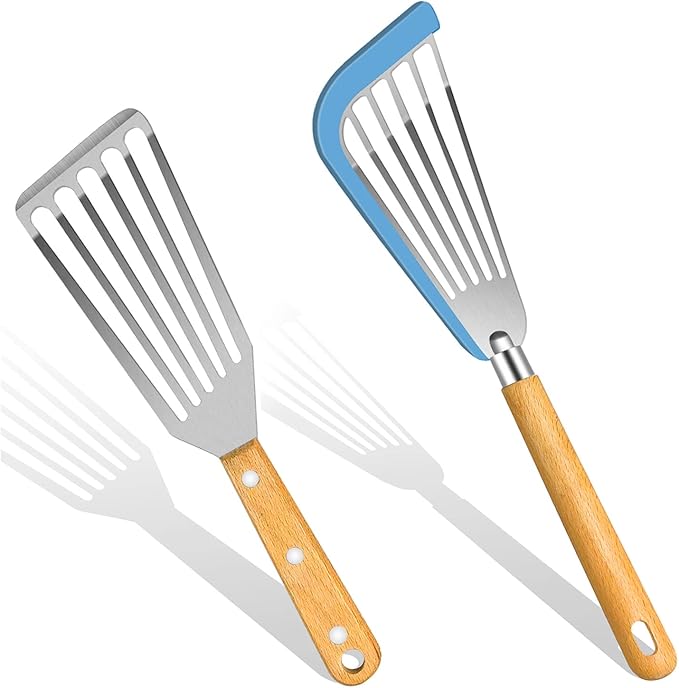 KLAQQED Fish Spatula Set for Nonstick Cookware Flexible Metal Fish Spatula Stainless Steel Small Fish Slotted Spatula Turner with Wood Handle