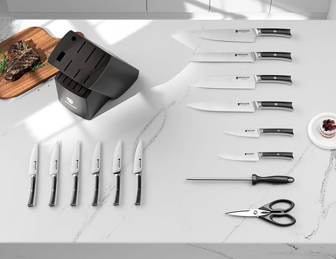 BRODARK 15 PCS Knife Set with Block,Pakkawood Handle Kitchen Knife Set