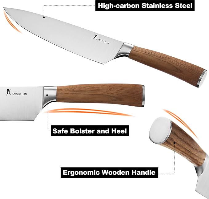 kangdelun Ultra Sharp 4-Piece Chef Knife Set, 50Cr15MoV High-Carbon Stainless Steel, Torrefied Brown Ash Wood Handles, Magnetic Gift Box