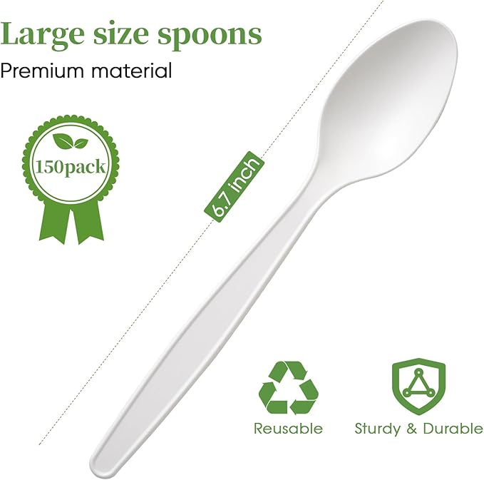 ECOLipak 150 Pack 7 Inch CPLA Disposable Compostable Spoons for Party