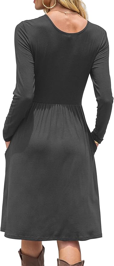 DB MOON Women Casual Long Sleeve Dresses Empire Waist Loose Dress with Pockets (Dark Gray, S)