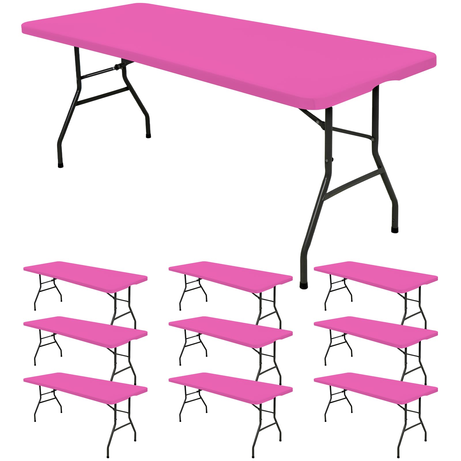 10 Pack Fitted Tablecloth for 8 Foot Rectangle Tables, Hot Pink Elastic Outdoor Picnic Table Cover, Washable Stretch Folding Table Cloths 8 ft for Camping Party Patio Kitchen Banquet, 30" W x 96" L