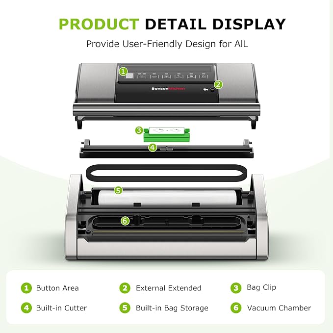 Bonsenkitchen Vacuum Sealer for Food, 5-in-1 Heavy Duty Performance