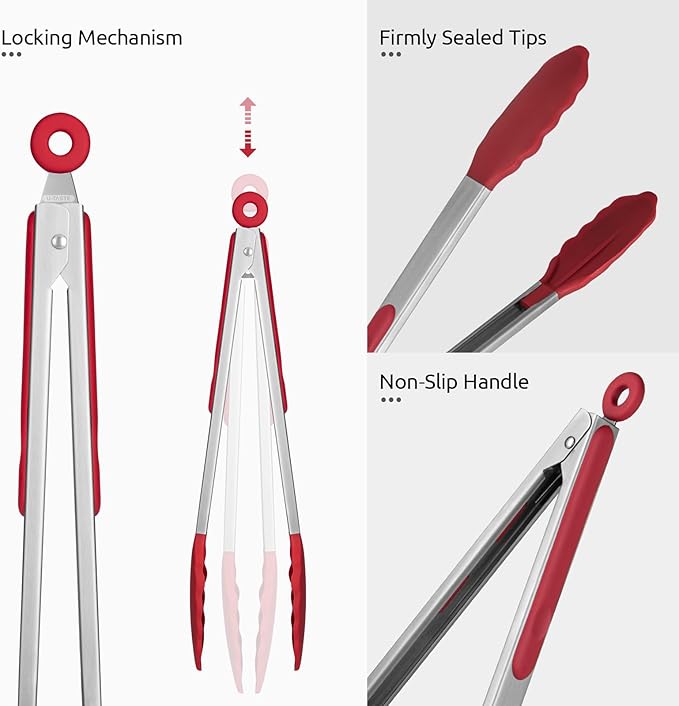 U-Taste Kitchen Tongs for Cooking, 600ºF Heat-Resistant Silicone, 2Pcs/Red