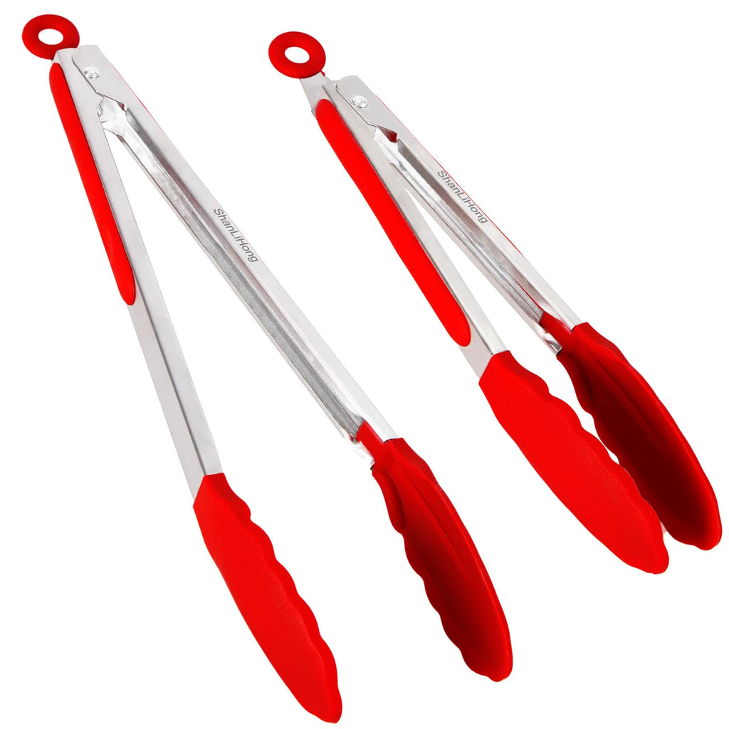Shanlihong Silicone Kitchen Tongs for Cooking - 9+12 Inch Heat-Resistant Stainless Steel Cooking Tongs with Non-Slip Handle, Non-Scratch Tips for, BBQ, Salad & Air Fryer - 2-PieceRedSet