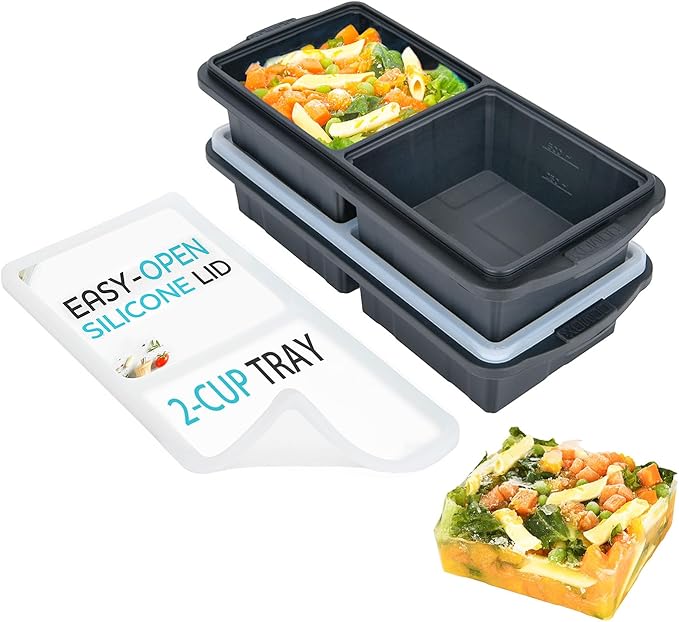 XOMOO Silicone Freezer Tray With Lid-Soup Freezer Container molds-2-cup Extra Large Ice Cube Tray-makes 4 perfect 500ml portions cubes, For freezing soup,stews,sauces.Oven&Dishwasher-Safe(2-Pack)