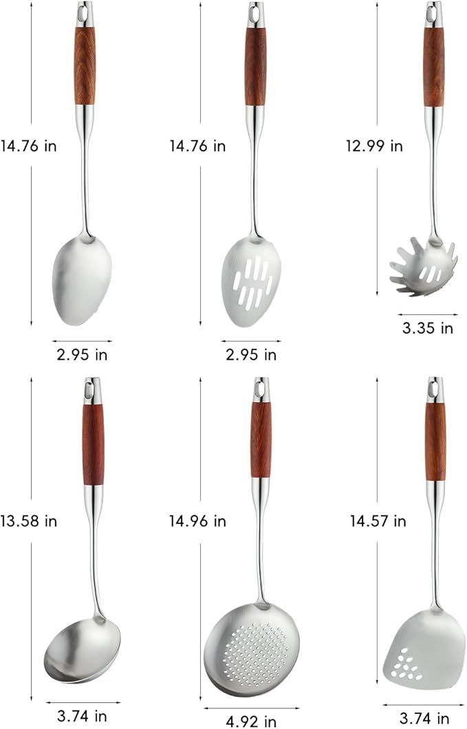 Izurok 18/10 Stainless Steel Kitchen Utensils Set,6 Piece Cooking Utensils With Wood Handle,Heat Resistant Kitchen Tool Set With Spatula, Spoon, Ladle, Skimmer, Slotted Spoon, Pasta