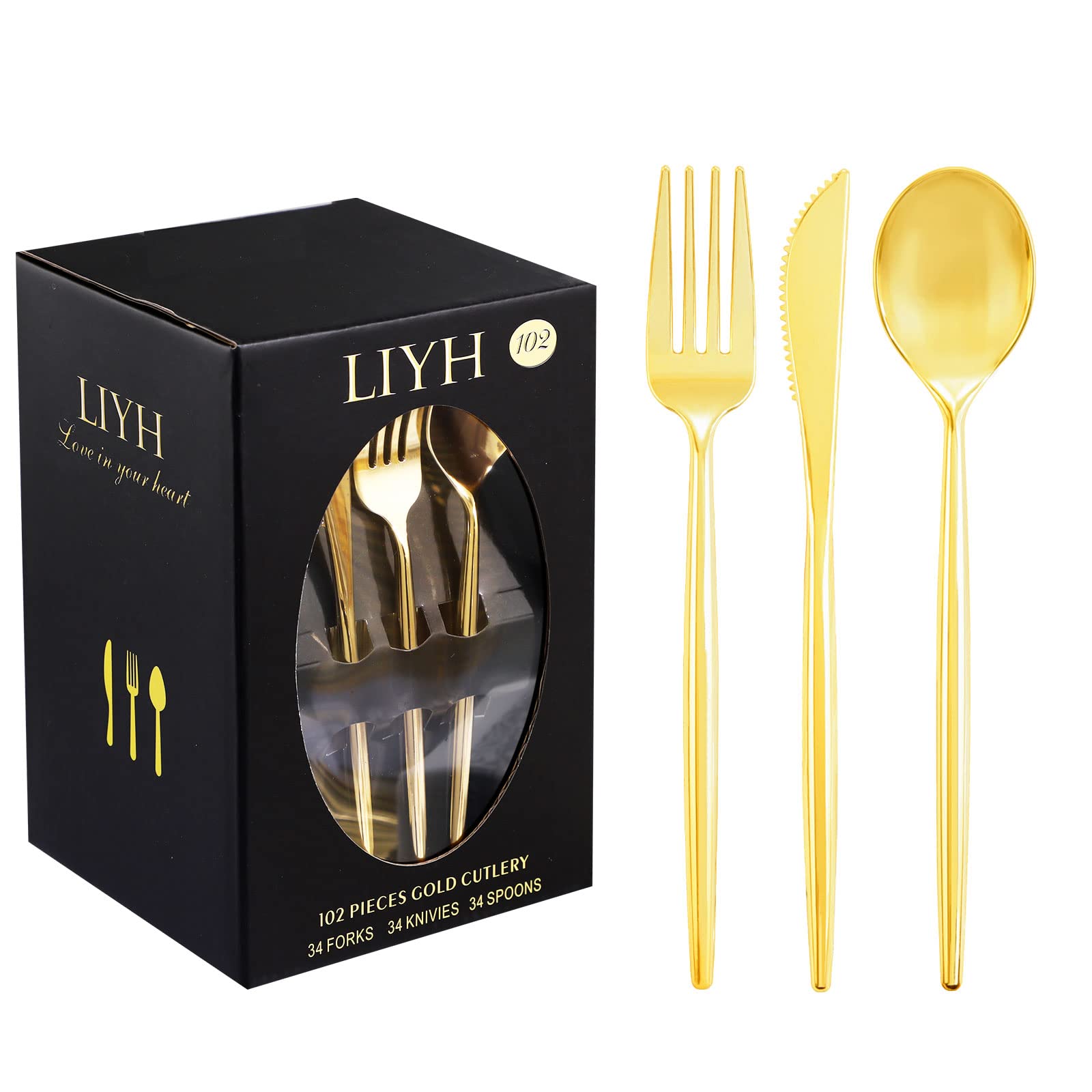 LIYH 102 Pcs Gold Plastic Silverware Disposable, Plastic Gold Utensils Heavyduty - Disposable Cutlery Includes Knives Forks and Spoons for Party, Birthday,Wedding Events