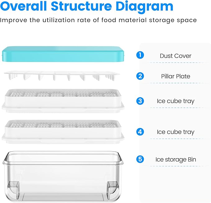 PHINOX Ice Cube Tray with Lid and Bin, Easy Release 56 Cubes for Freezer