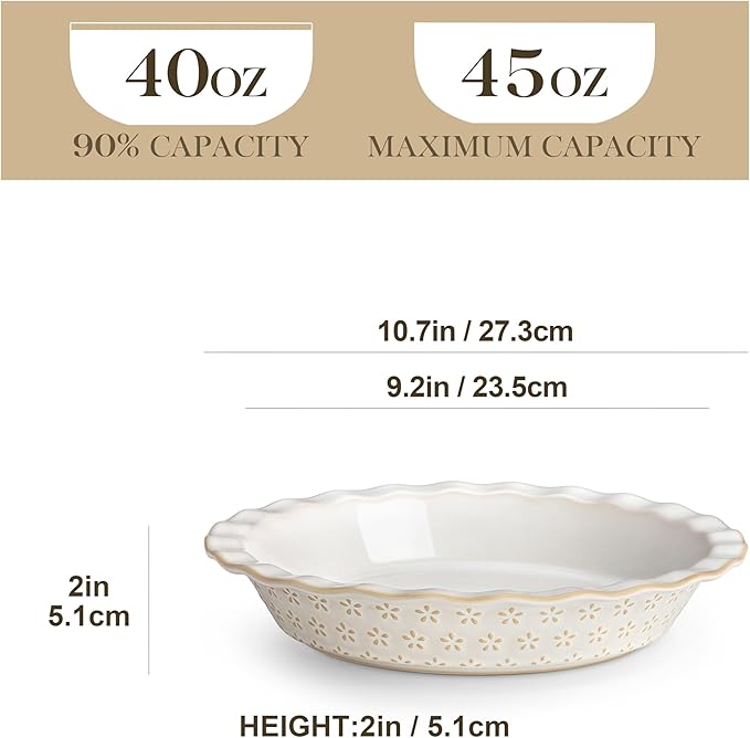 MALACASA 9 Inch Pie Pan Set of 2, 45 OZ Ceramic Quiche Baking Dish