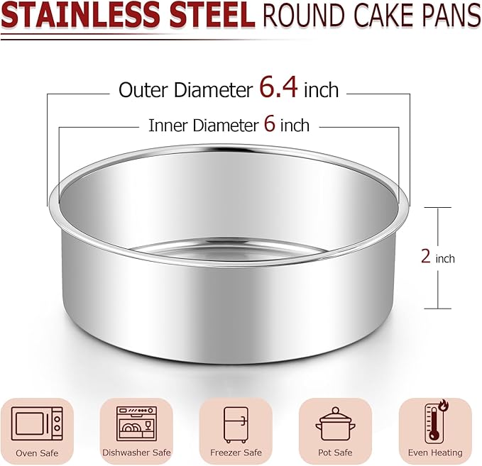 LIANYU 6 Inch Cake Baking Pan Set of 4, Stainless Steel Round Cake Bake Pan