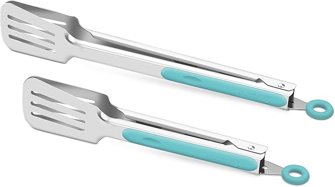 Kitchen & Grill Tongs Set of 2, 304 Stainless Steel, 9 & 12 Inch, Aqua Sky