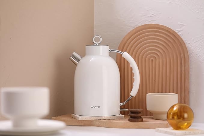 ASCOT Electric Kettle, Stainless Steel Tea Boiler 1.5qt 1500W Retro Tea Heater & Boiling Kettle, Auto Shut-Off and Boil-Dry Protection(White)