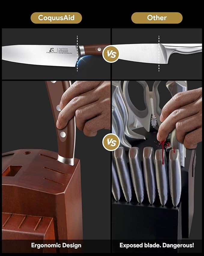 CoquusAid Knife Set, Upgrade 15 Pcs Knife Block Set with Widened Ventilated Slot, German Stainless Steel Kitchen Knives Set with Sharpener, Professional Chef Knives Set, Full Tang Ergonomic Handle