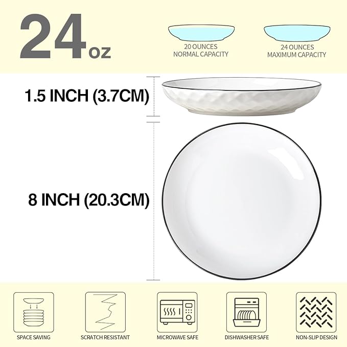 Yeacccng White Pasta Bowls Set of 6, 24oz Ceramic Salad Bowls, 8 inch Shallow Serving Bowls for Pasta, Salad, Oatmeal, Fruit, Easy to Clean, Dishwasher & Microwave Safe, Scratch-Resistant, Lead-Free