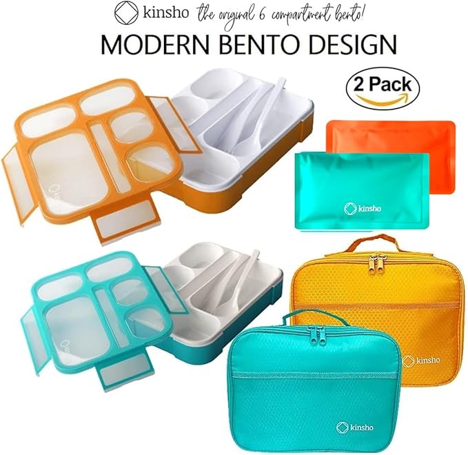 kinsho Bento Lunch Box, Ice Pack Insulated Bag for Kids Boys, Teal + Orange