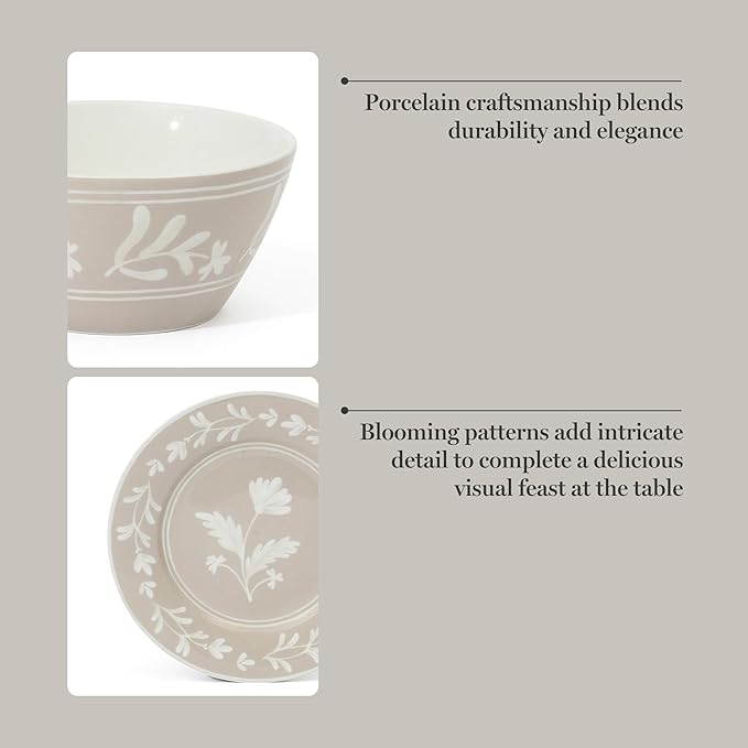 Martha Stewart Dinnerware Set - Maiden Crown 12-Piece Dish Set, Taupe – New Bone China Ceramic Plates & Bowls – Floral Design – Service for 4 – Microwave & Dishwasher Safe