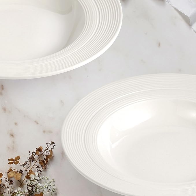 9.5" Wide-Rim Pasta Bowl Set of 2, Cream White Ceramic Shallow Bowl with Textured Grooved Rim, Modern Restaurant-Style Dinnerware for Pasta, Salad & Balanced Meals, Dishwasher & Microwave Safe