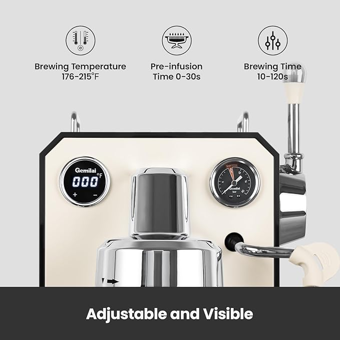 Gemilai Owl Espresso Machine, 15 Bar Professional Semi-Automatic Espresso Maker with Milk Frother Steam Wand, 57oz Removable Water Tank, Dual Display, for Cappuccino, Latte at home, G3006, Ivory White