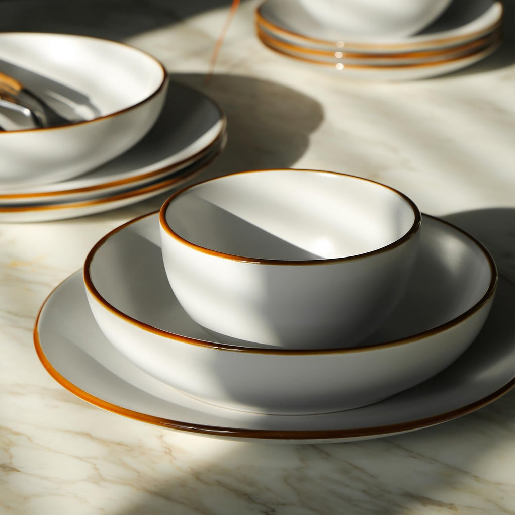 Stone Lain Brasa Stoneware 16 Piece Modern Dinnerware Sets, Plates and Bowls Service for 4, White, Microwave & Dishwasher Safe
