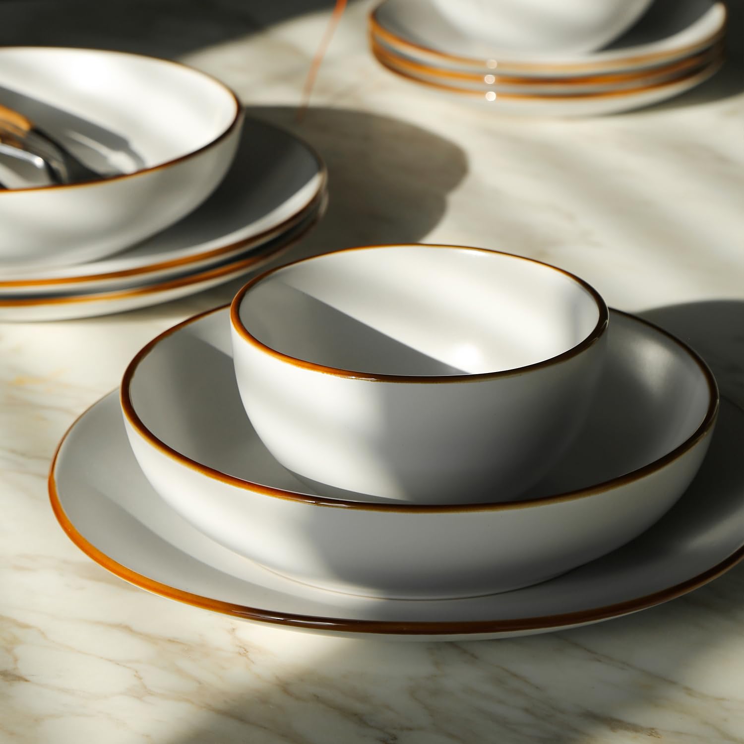 Stone Lain Brasa Stoneware 16 Piece Modern Dinnerware Sets, Plates and Bowls Service for 4, White, Microwave & Dishwasher Safe