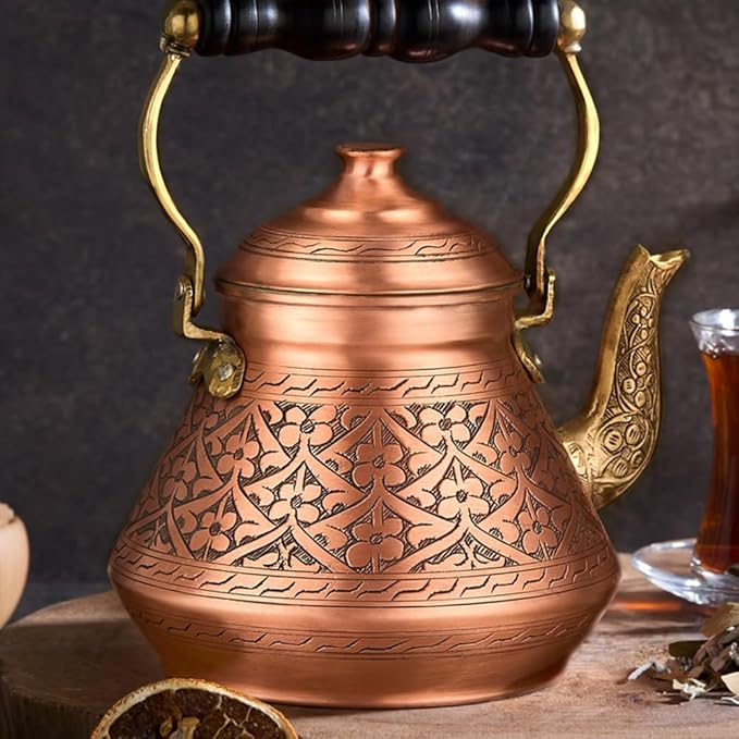 Vintage 100% Solid Pure Copper Turkish TeaPot Tea Pot Kettle for Stovetop Stove Top Traditional Decorative Fancy Arabic Moroccan Party Hammered Kitchen Antique Handmade Unique Style Gooseneck Gift