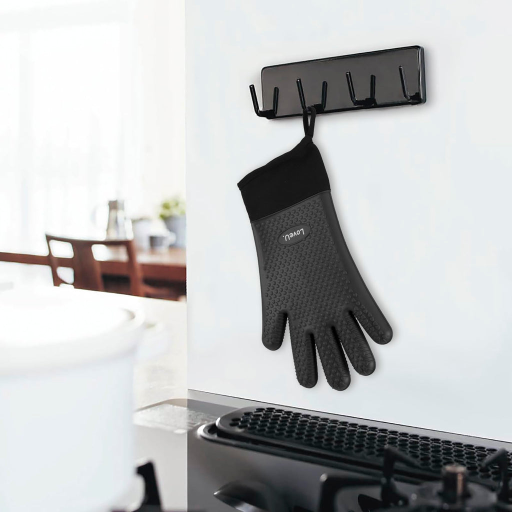 Loveuing Kitchen Oven Gloves - Dual-Layer Heat Resistant Grilling Gloves, Silicone Oven Mitts with 5 Fingers, Waterproof Non-Slip Pot Holder for Barbecue, Cooking, Baking (XL-XXXL, Black Long)