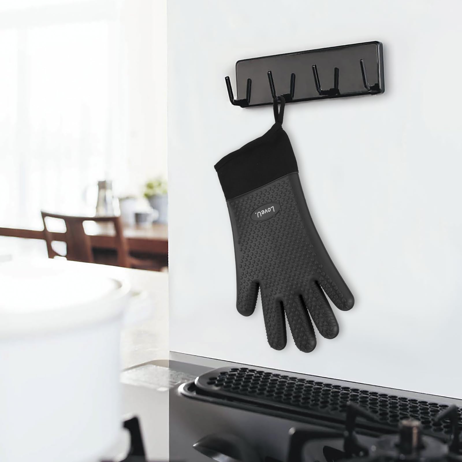 Loveuing Kitchen Oven Gloves - Dual-Layer Heat Resistant Grilling Gloves, Silicone Oven Mitts with 5 Fingers, Waterproof Non-Slip Pot Holder for Barbecue, Cooking, Baking (XL-XXXL, Black Long)