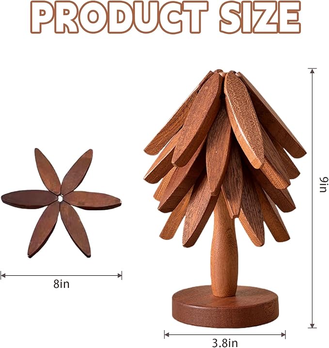 Wooden Trivets for Hot Dishes, Tree Shape Trivet Set, 4 Walnut Wood + 1 Stand stored Like a Christmas Tree,Foldable Kitchen Wooden Trivet,for Hot Dishes、Pot、Bowl、Teapot、Hot Pot Holder(Brown)