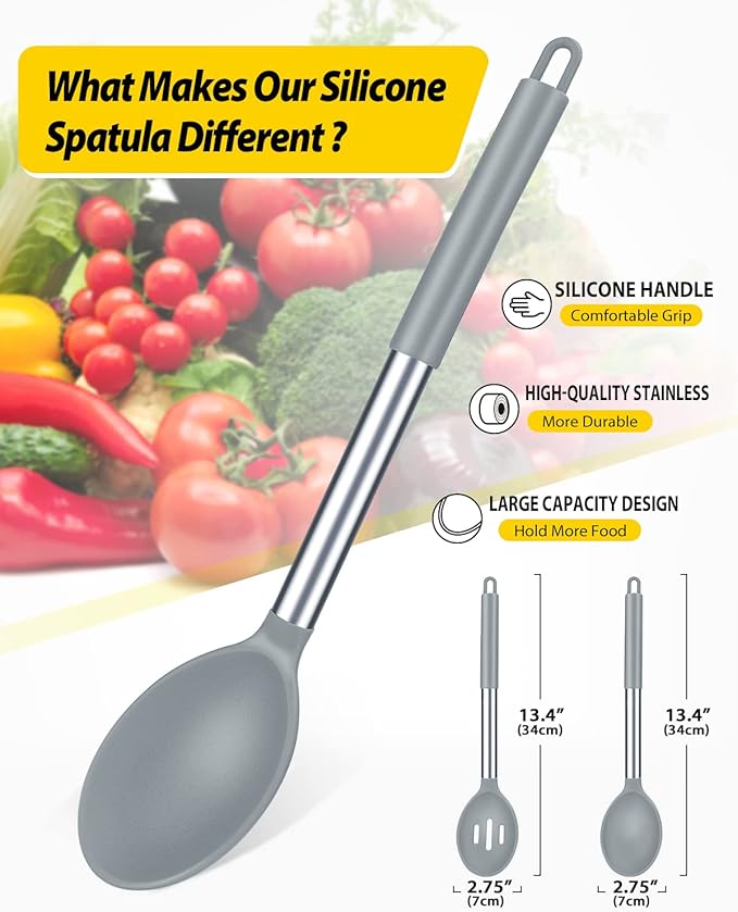BUNDLEPRO Silicone Cooking Spoons for Non Stick Cookware, 2 Pack, Grey