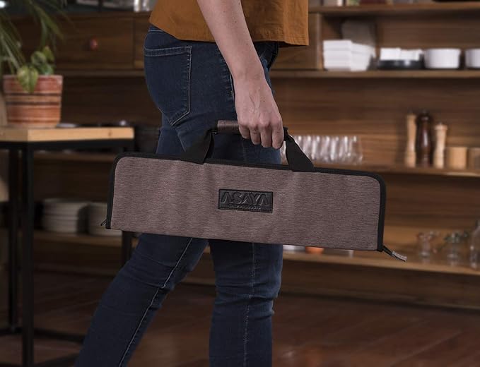 Asaya Chef Knife Roll Bag - 12-Pocket Chefs Case for Kitchen Knives and Utensils, Lightweight Stain-Resistant Waxed Nylon Chef Knife Bag - Knives Not Included (Brown)