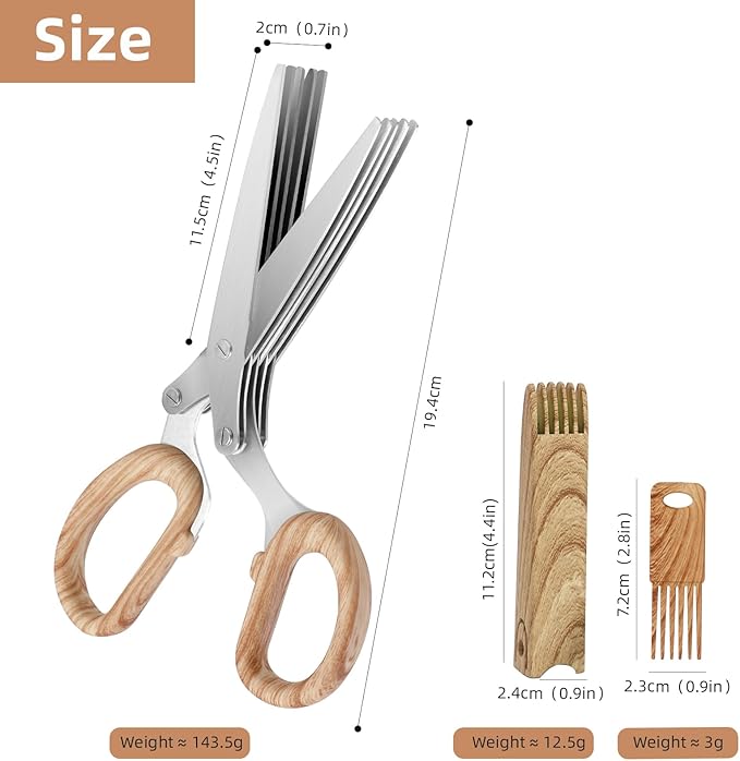 ccraowo 2025 New Herb Scissors Set - Wood Grain Pattern 5 Blades with Cover and Comb - Skin-Friendly Handle, Delicate Grip - Dishwasher Safe, Anti-Rust Stainless Steel for Cutting Fresh Garden Herbs