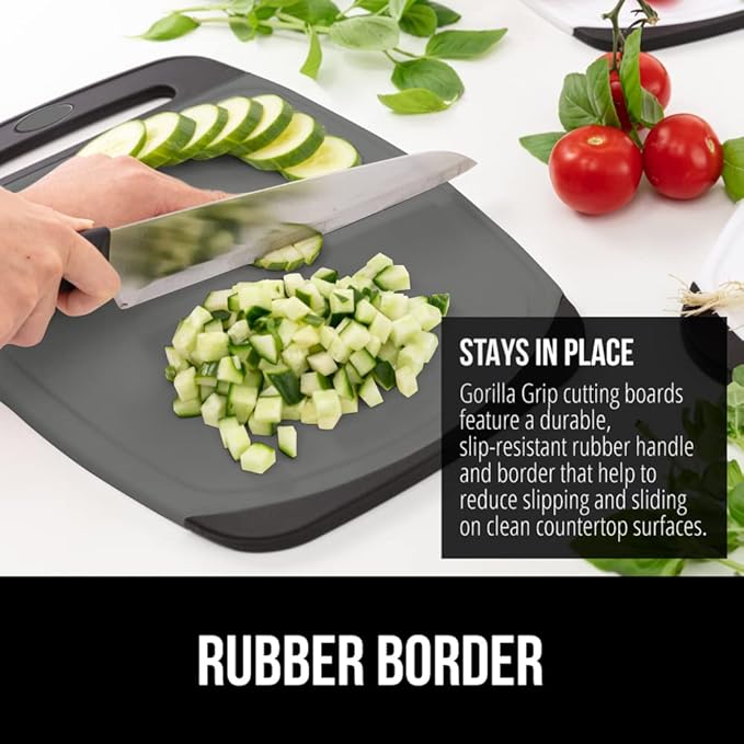 GORILLA GRIP BPA-Free Reversible Kitchen Cutting Board Set of 3, US Designed, Nonporous, Juice Grooves Catch Liquid, Slip Resistant Border, Dishwasher Safe, Durable Food Chopping Boards, Gray Black