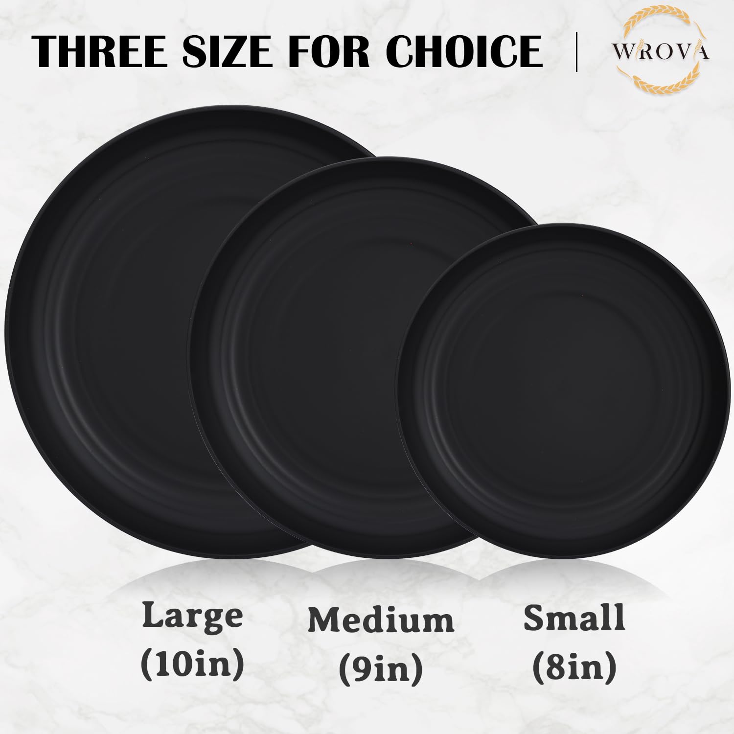 Wrova Wheat Straw Plates - 8 Inch Unbreakable Dinner Plates Set of 8 - Dishwasher & Microwave Safe Plastic Plates Reusable - Lightweight Plates for kitchen,R.V (pure black)