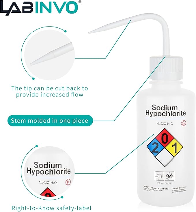 LABINVO 4pcs of Sodium Hypochloride Wash Bottles, Vol.500ml (17oz), Narrow Mouth, Self-Venting Safety Wash Bottles, LDPE Material, IN-WBS500