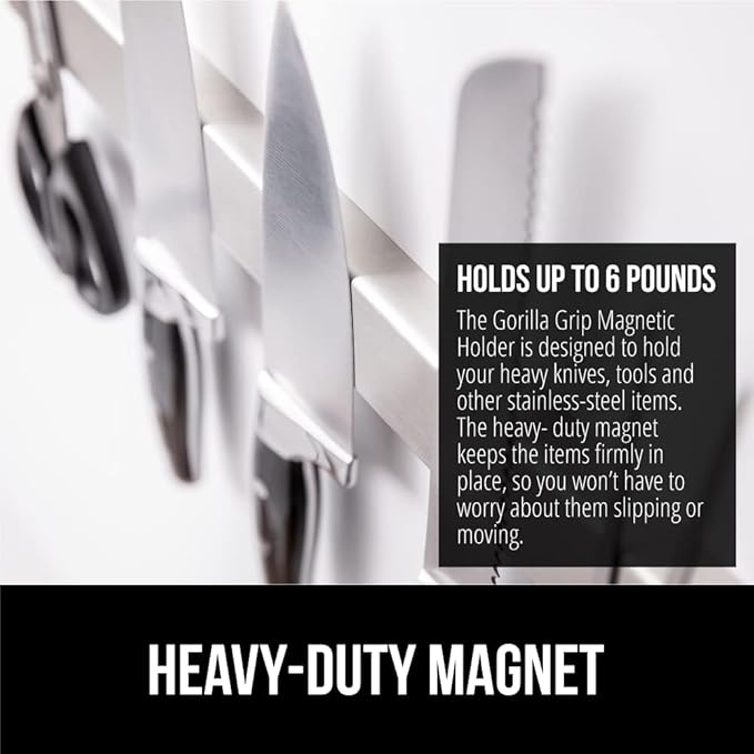 GORILLA GRIP 304 Stainless Steel Heavy Duty Magnetic Knife Holder, Secure Wall Mounted Bar for Knives, Tools, Holds Up to 6 lbs, Kitchen Organizer, 10 Inch Strip, Easy Installation, Screws Included