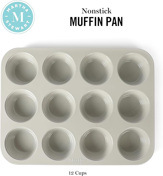 Martha Stewart Gallen 12 Cup Nonstick Carbon Steel Muffin and Cupcake Pan – Cool Grey, Durable Bakeware for Even Baking and Easy Release