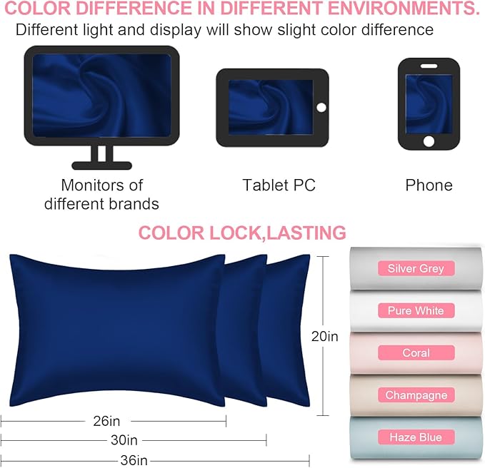LYSHIN Silk Pillow Cases 2 Pack Queen Size with Zipper, Royal Blue