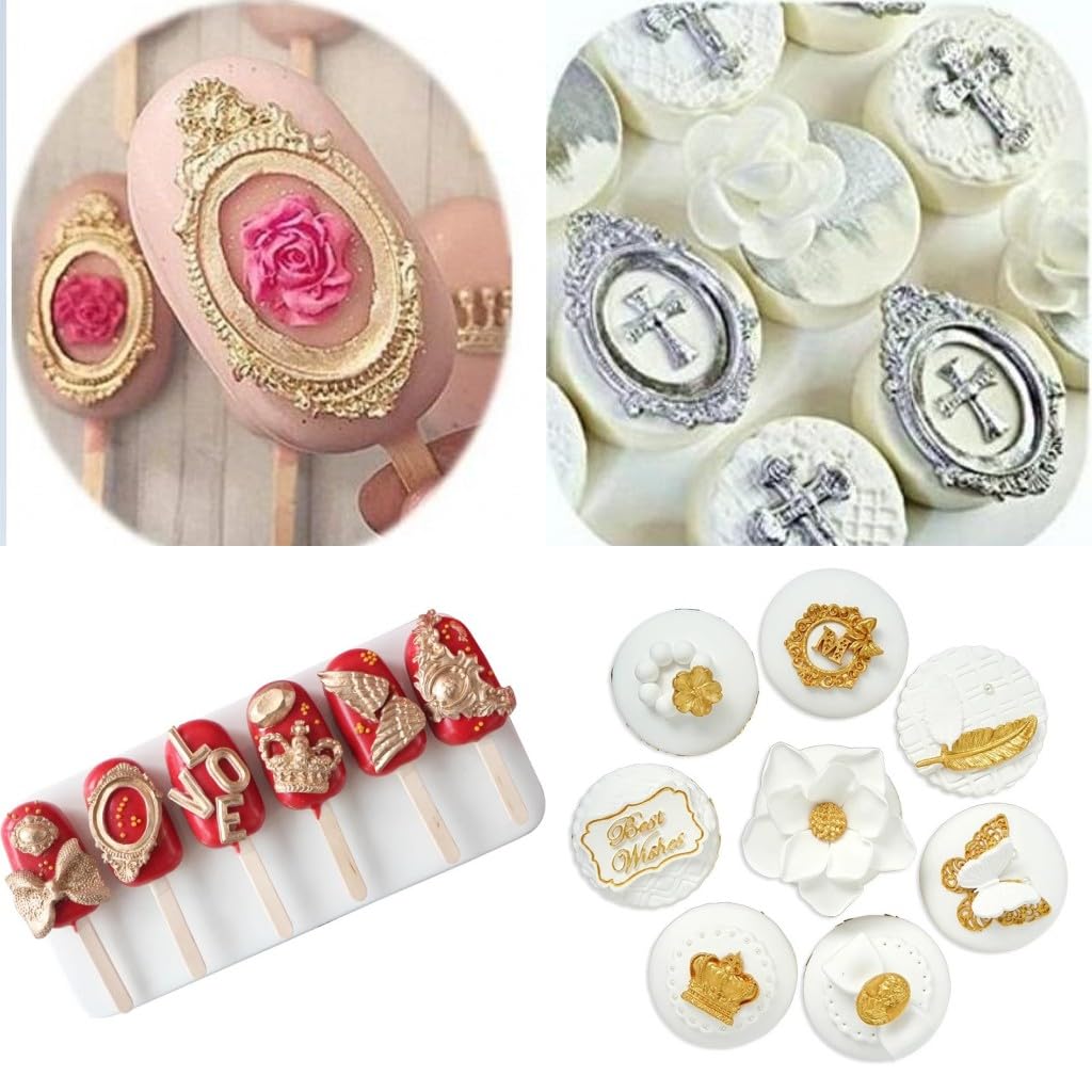 Vintage Picture Frame Fondant Mold Baroque Style Crown Rose Flower Silicone Mold for Chocolate Sugarcraft Cupcake Topper Jewelry Polymer Clay Crafting Projects