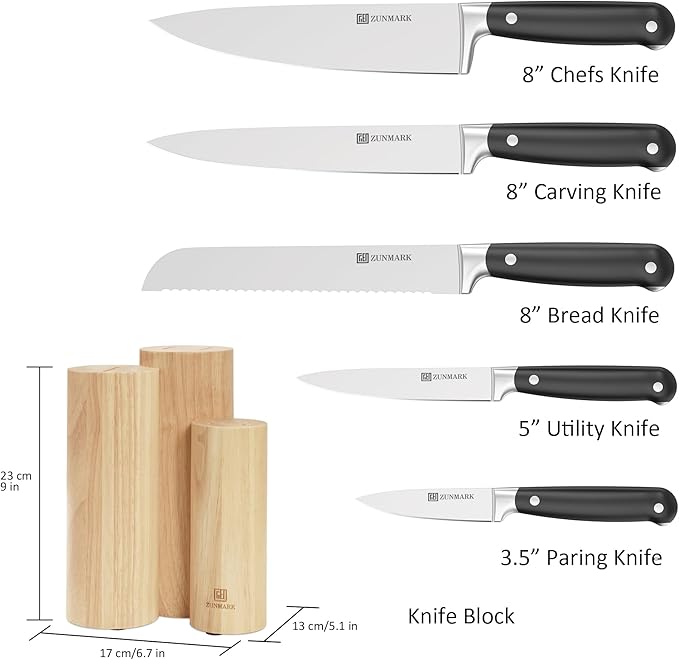 ZUNMARK Kitchen Knife Set, Skylark Series 6-Piece High Carbon X50CrMoV15 Steel Professional Chef Knife Set with Solid Wood Block, Unique Design Knife Block Set, Dishwasher Safe, Elegant Black