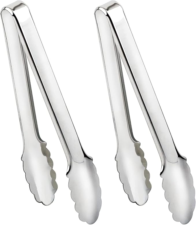 IAXSEE 2 Pack Serving Tongs Serving Utensils Salad Tongs Metal Buffet Tongs Non-slip & Easy Grip Stainless Steel Plated Buffet Serving Tongs, Salad, Ice, Oven (9.5 Inch) (Silver)
